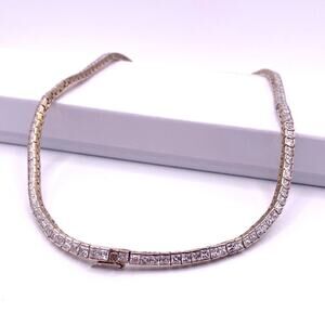 Sterling Silver Square CZ Tenis Necklace Gold Plated 32”